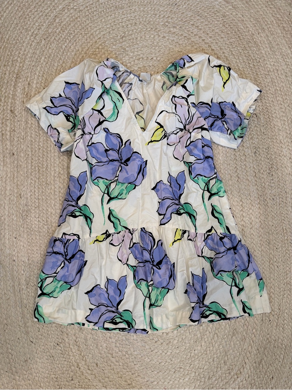 a new day White Mini Dress with Lavender Floral Print and Mint Leaves